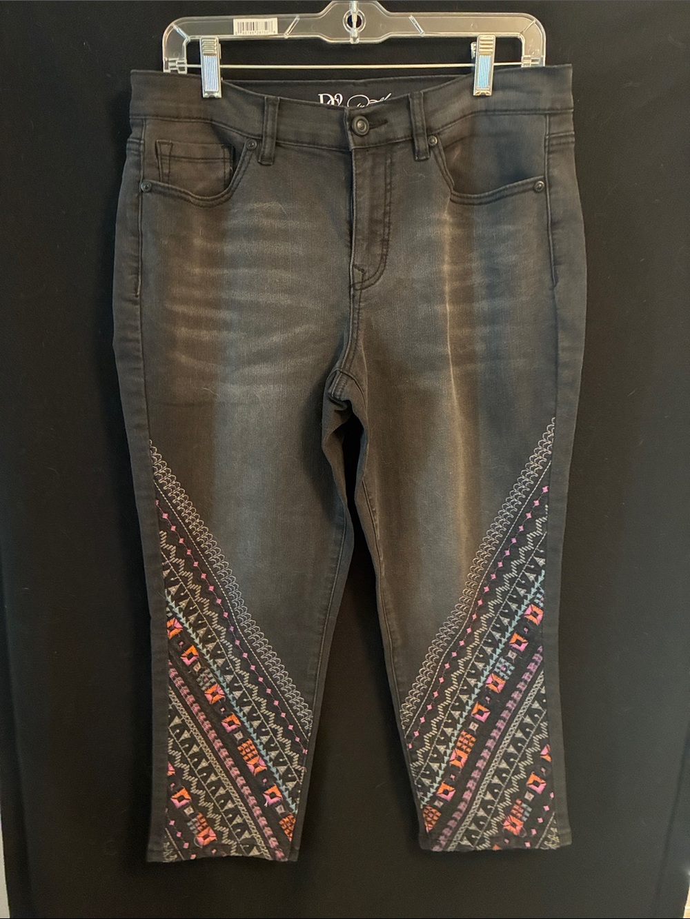 DG2 by Diane Gilman Black Cropped Jeans with Pink & Orange Embroidered Trim